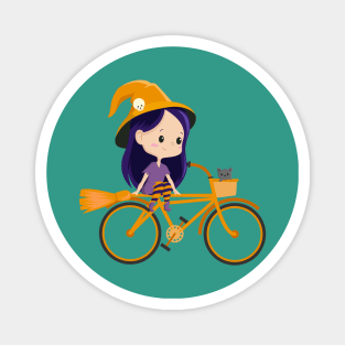 Cute Kawaii Cartoon Witch Riding a Bicycle Magnet